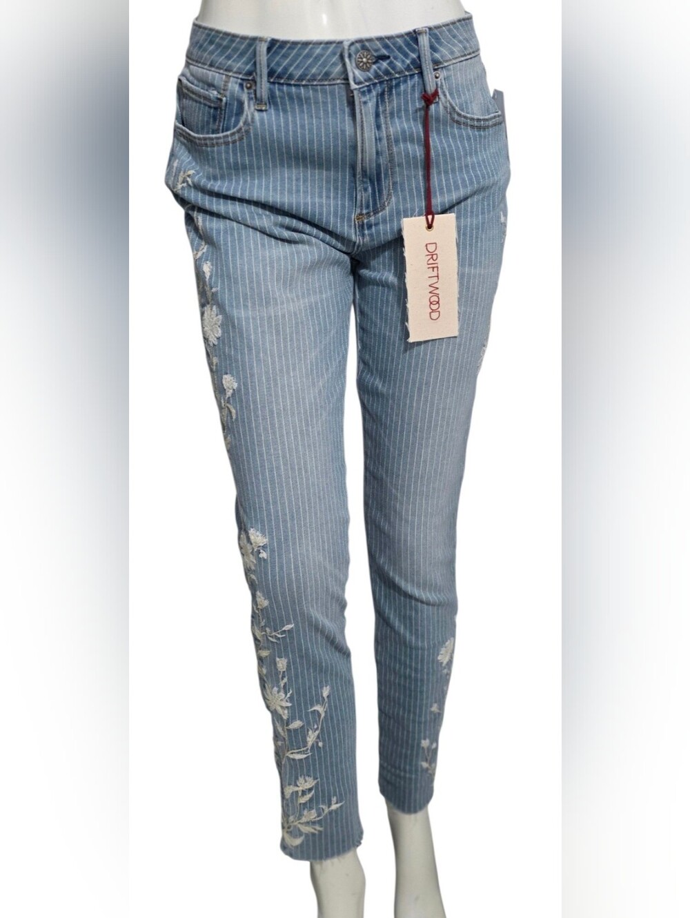 DRIFTWOOD Light Blue Pinstripe Skinny Jeans with White Floral Embroidery NWT - Picture 2 of 15